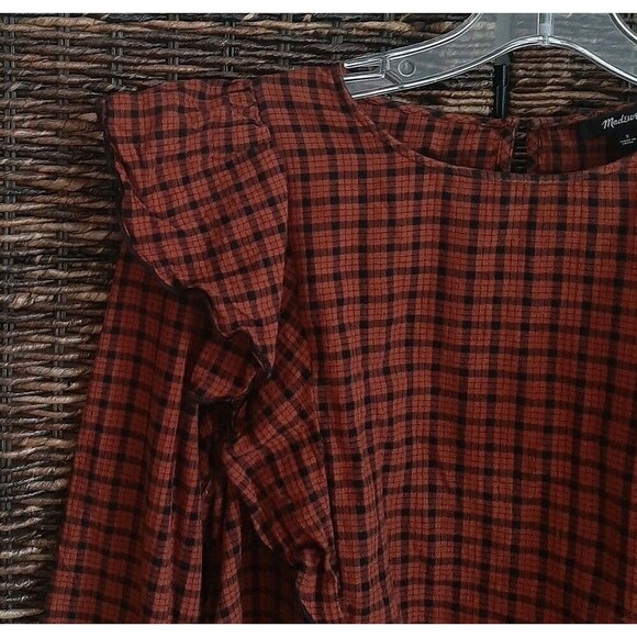 Madewell Ruffle Front Plaid Blouse Top Women's Small Burnt Orange Fall Prairie - Picture 5 of 9